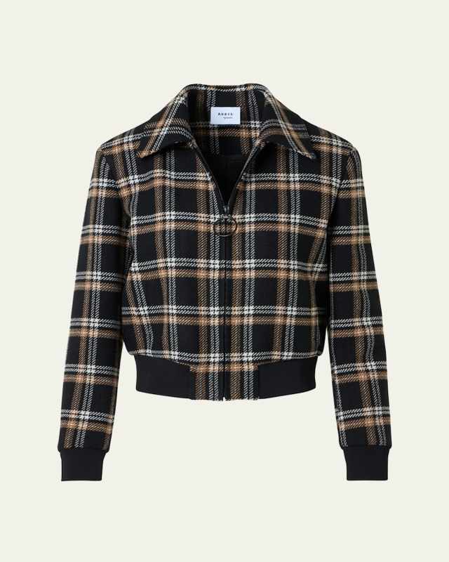 Plaid Wool Tricotine Tweed Short Bomber Jacket